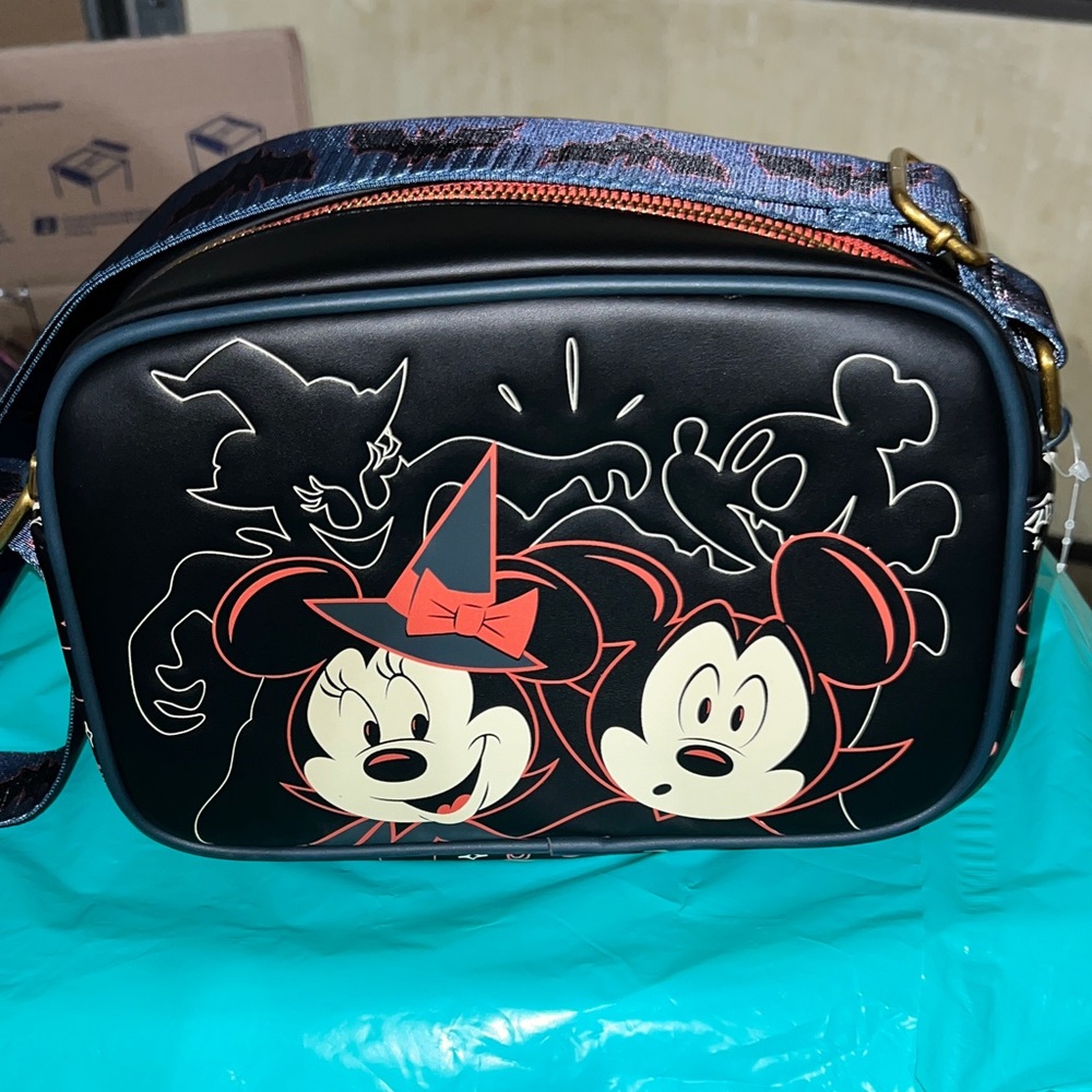 Loungefly Disney Black and Red Crossbody Bag with Minnie and Mickey - Picture 1 of 5